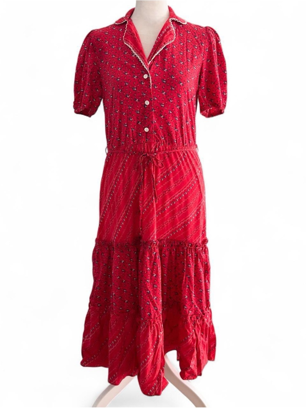 Vintage 70s Red Calico Floral Prairie Dress Tiered Midi Puff Sleeve Cottagecore